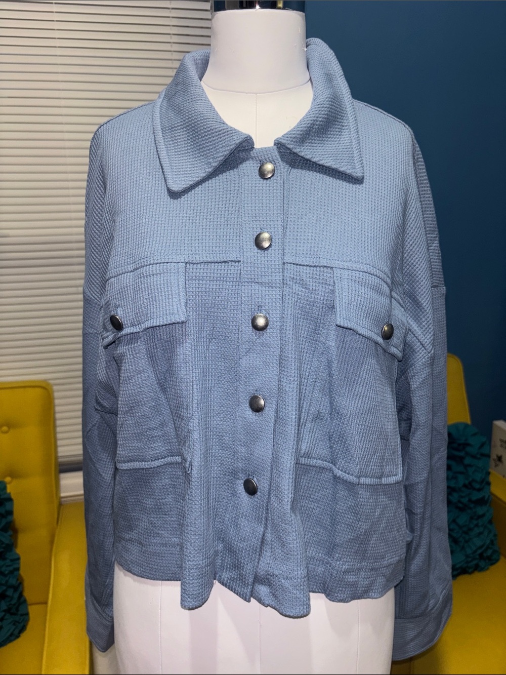 Light Blue Waffle Knit Button-Front Jacket
